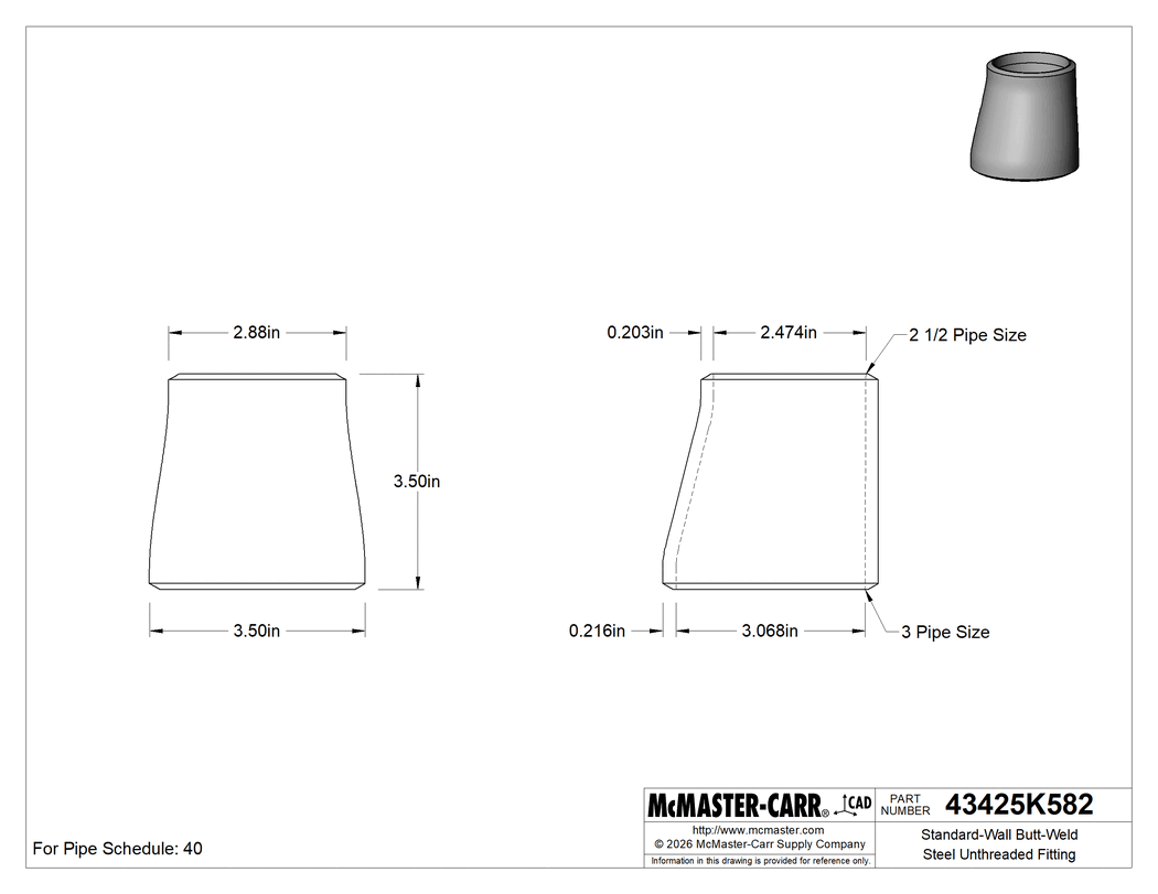 Technical Drawing of Standard-Wall Butt-Weld Steel Unthreaded Fitting, Offset Straight Reducer, 3 x 2-1/2 Pipe Size.